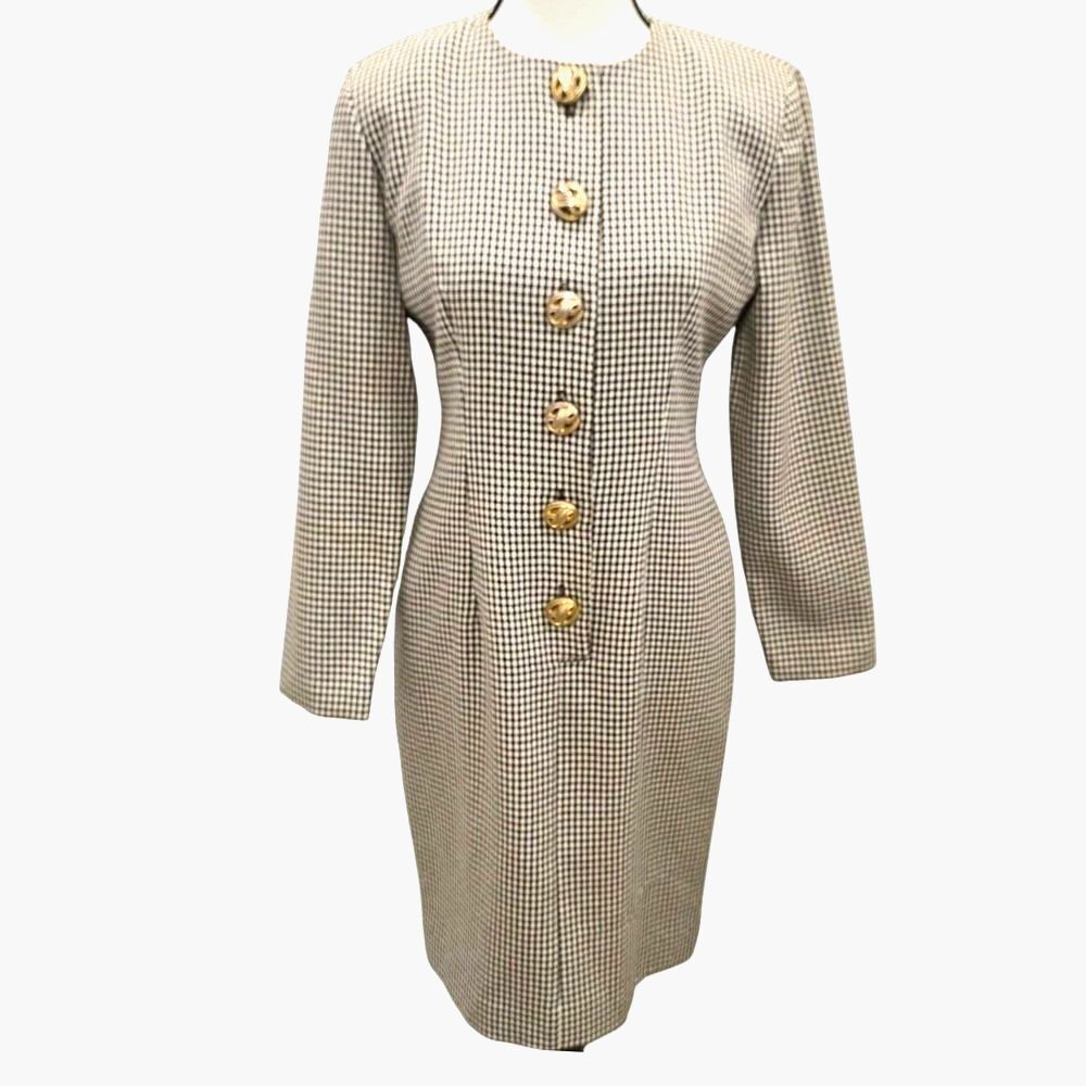 Vintage 90s Santa Fe Houndstooth Coat Dress Size 2 Black White Gold Buttons USA